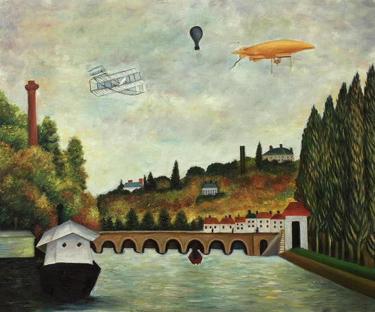 View of the Bridge in Sevres and the Hills of Clamart, Saint-Cloud and Bellevue with biplane, balloon and dirigible