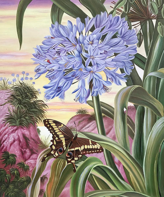 Blue Lily and Large Butterfly