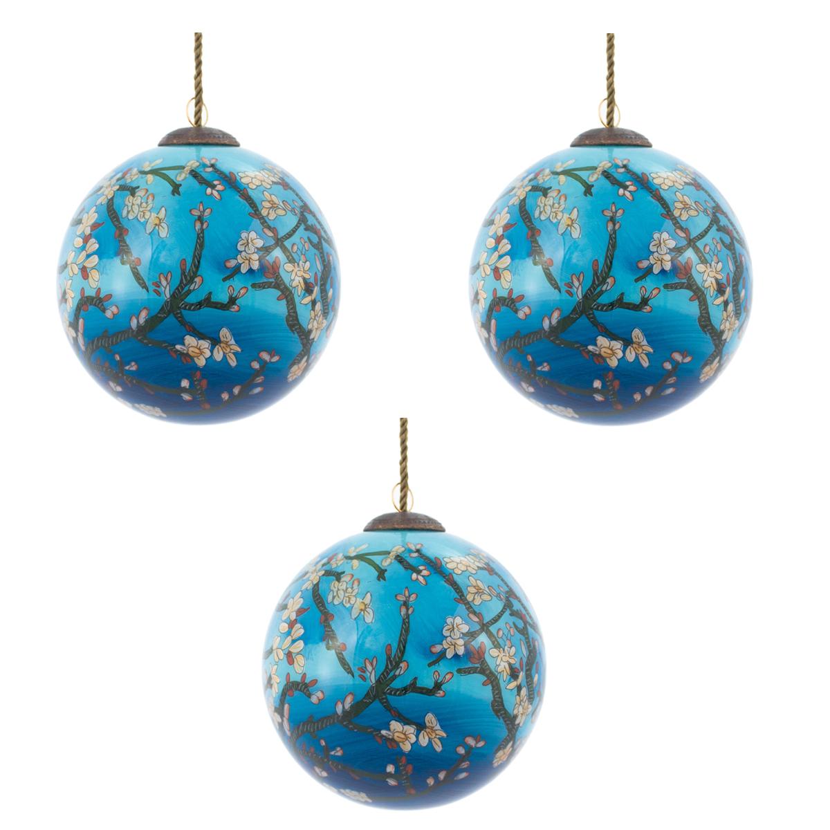 Branches of an Almond Tree in Blossom (Blue) Glass Ornament Collection (Set of 3)