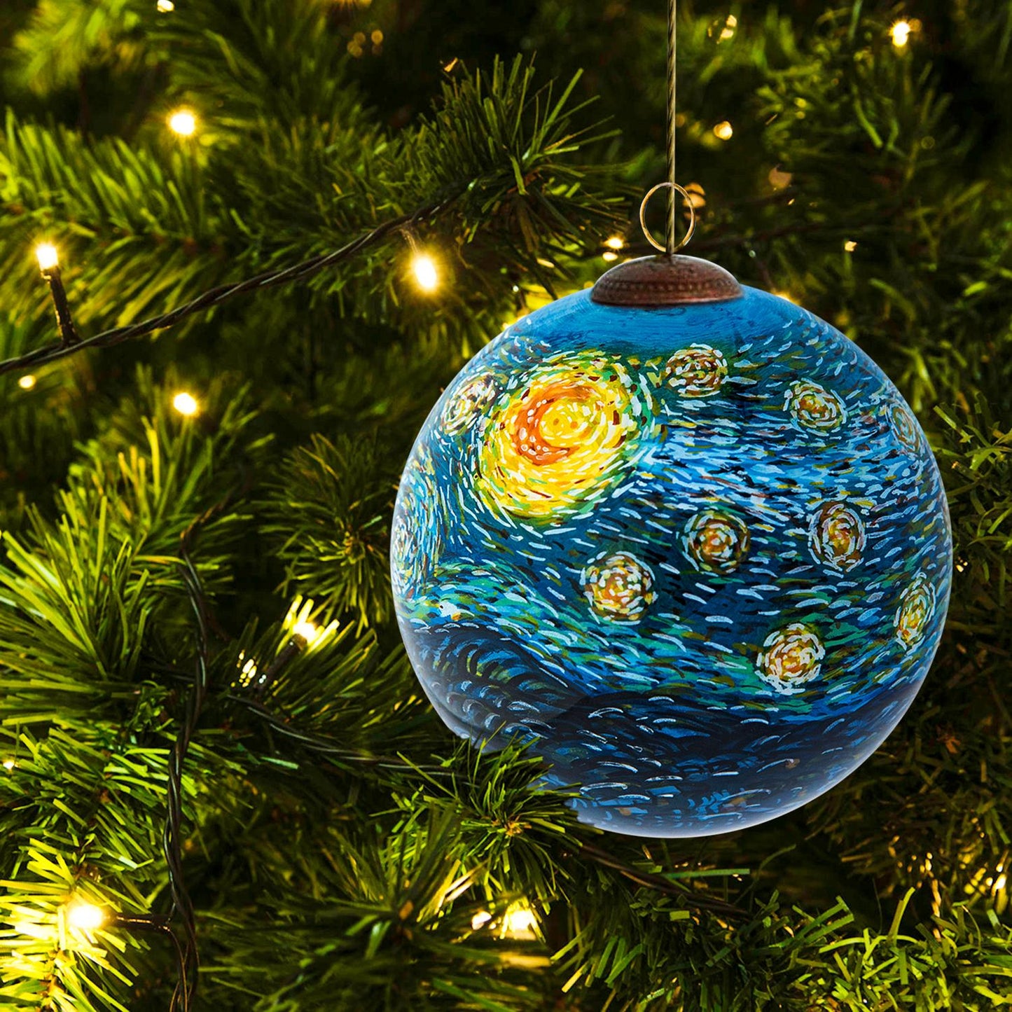 Starry Night Hand Painted Glass Ornament