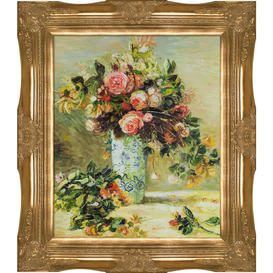 Roses and Jasmine in a Delft Vase with Victorian Gold Frame, 28" x 32"